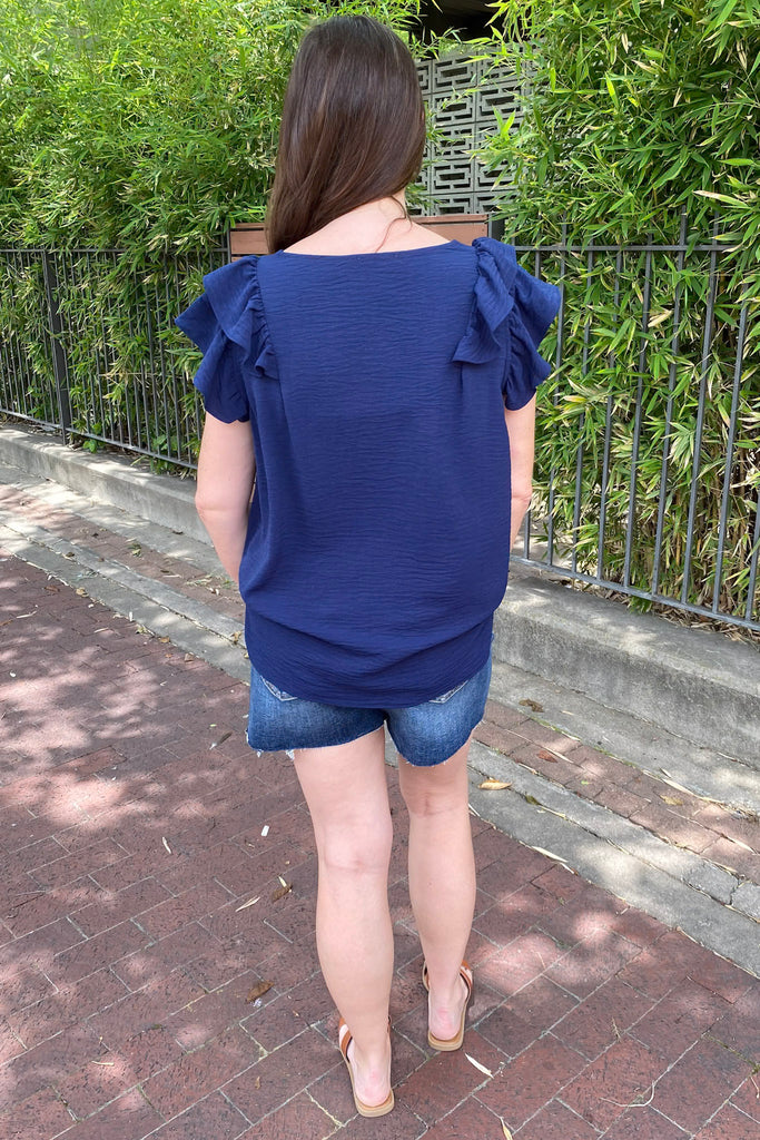 Time To Go Ruffle Sleeve Navy Top - Lyla's: Clothing, Decor & More - Plano Boutique