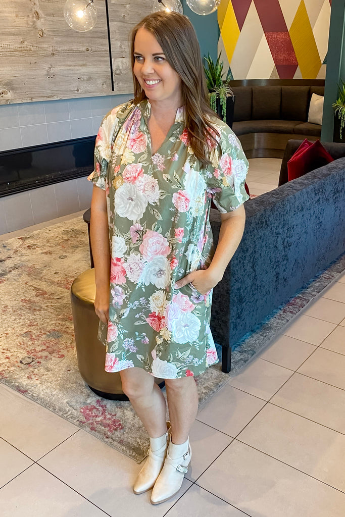 Find Someone New Olive Floral Print Dress - Lyla's: Clothing, Decor & More - Plano Boutique
