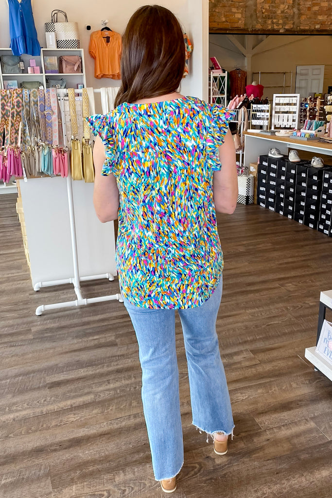 Vibrant Print Ruffle Sleeve Mint Top - Lyla's: Clothing, Decor & More - Plano Boutique