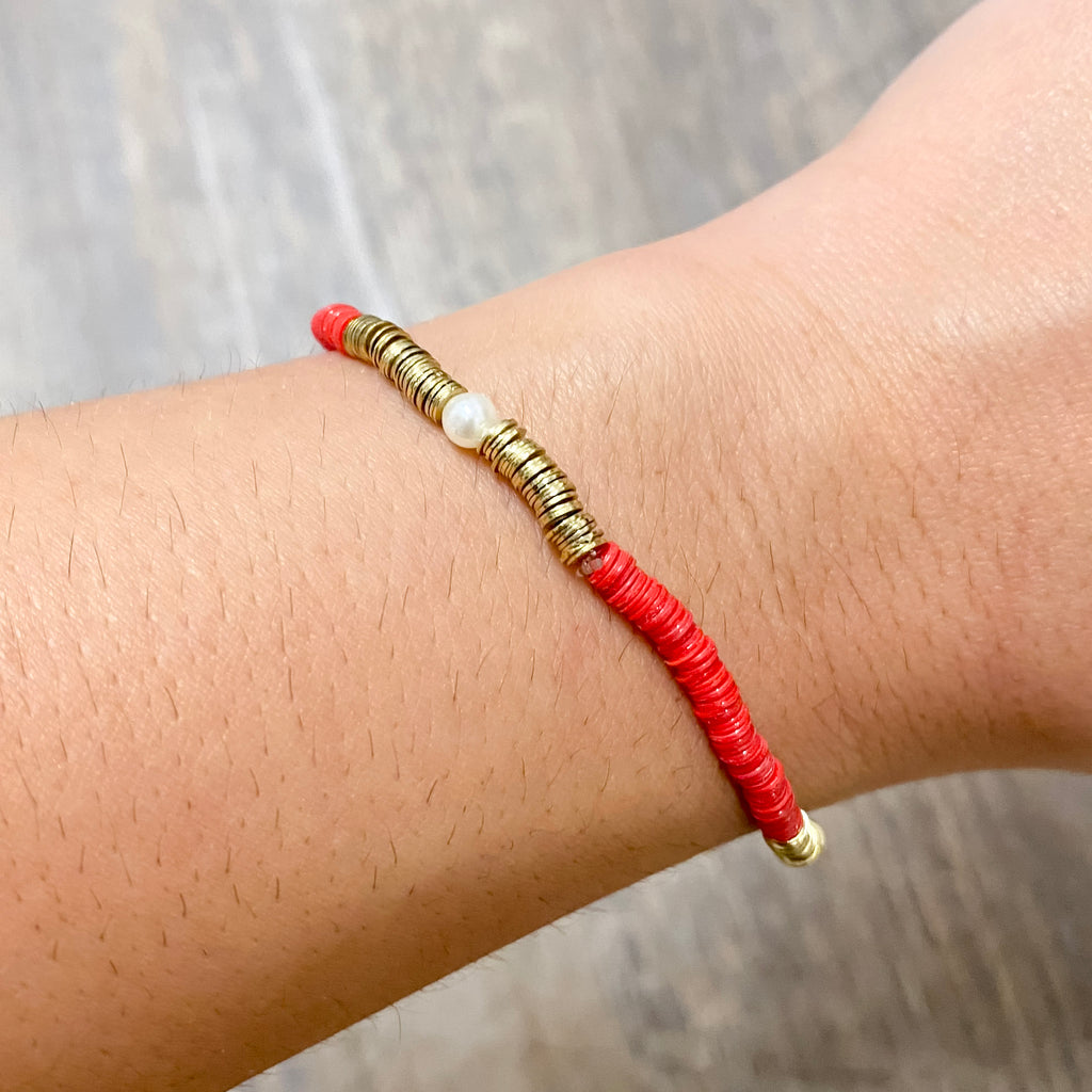 Rory Solid Color With Gold And Pearls Small Sequin Stretch Bracelet Red by Ink & Alloy - Lyla's: Clothing, Decor & More - Plano Boutique