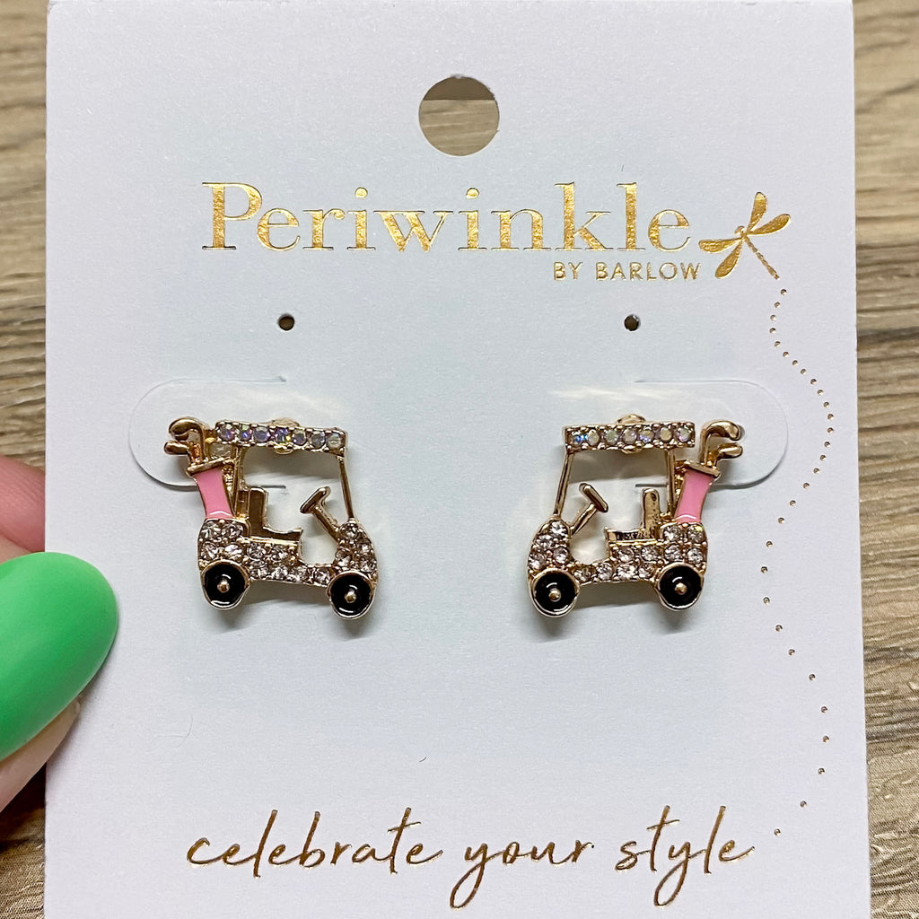 Crystal and Pink Golf Cart Earrings - Lyla's: Clothing, Decor & More - Plano Boutique