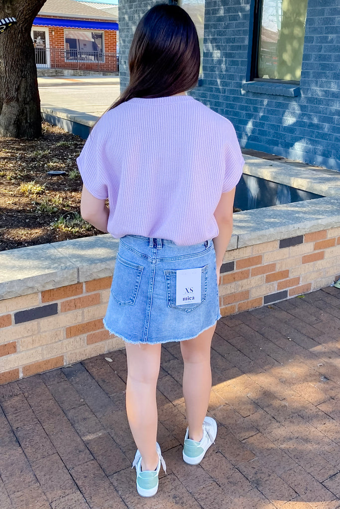 Light Smog Indigo High Rise Raw Hem Denim Skirt by Mica - Lyla's: Clothing, Decor & More - Plano Boutique