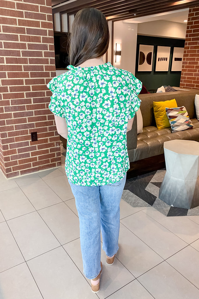 Sarai Ruffle Sleeve  Green Floral Print Top - Lyla's: Clothing, Decor & More - Plano Boutique
