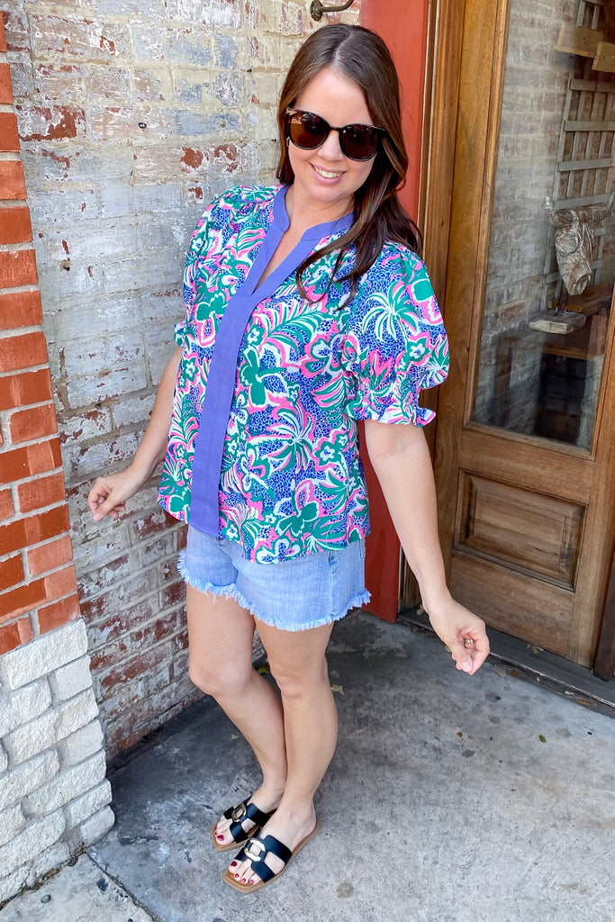 Something for You Bubble Sleeve Blue Print Top - Lyla's: Clothing, Decor & More - Plano Boutique