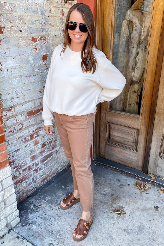 Brown Mid Rise Straight Leg With Slit At Bottom by Mica - Lyla's: Clothing, Decor & More - Plano Boutique