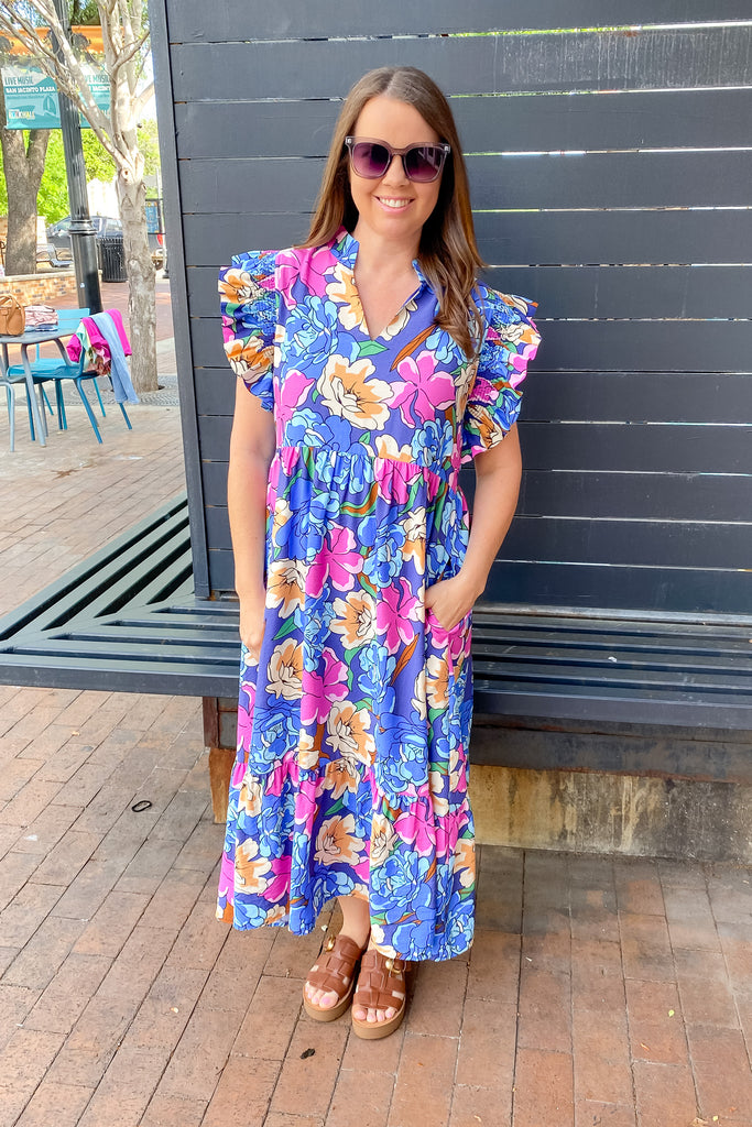 floral dressed up royal blue floral print midi dress Dusty Blue Floral Print Dress - Midi Dress - Short Sleeve Dress