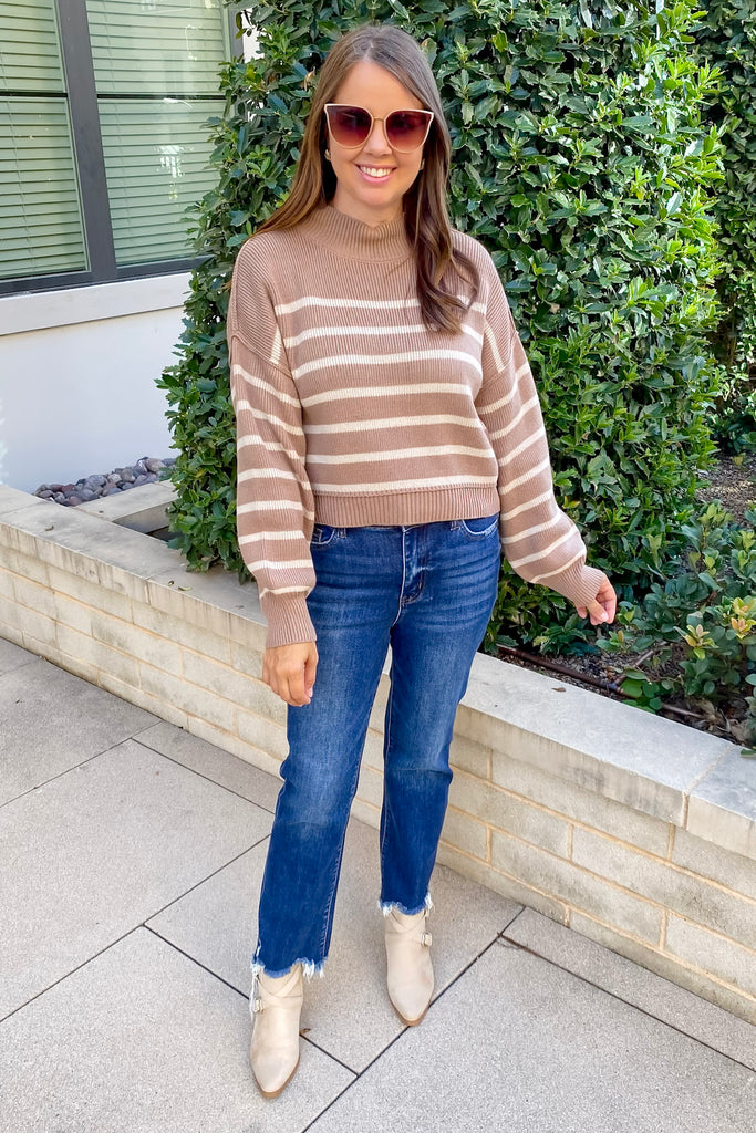 Say More Striped Mock Neck Drop Shoulder Cocoa Sweater - Lyla's: Clothing, Decor & More - Plano Boutique