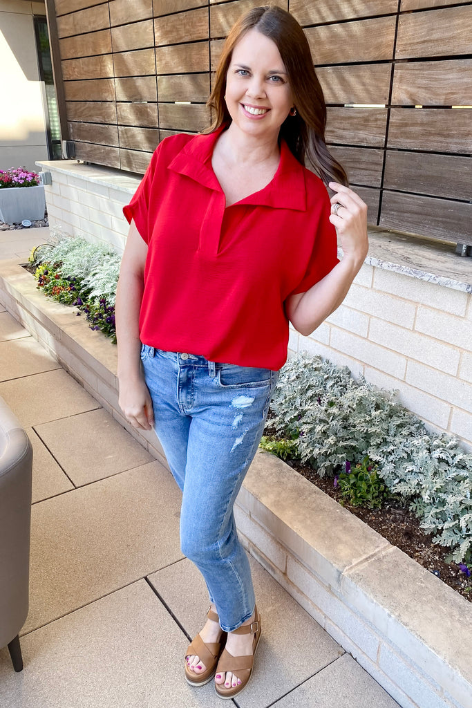 Whats Going On Red Collar Top - Lyla's: Clothing, Decor & More - Plano Boutique