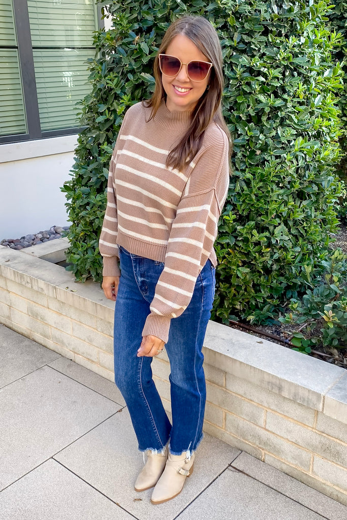 Say More Striped Mock Neck Drop Shoulder Cocoa Sweater - Lyla's: Clothing, Decor & More - Plano Boutique