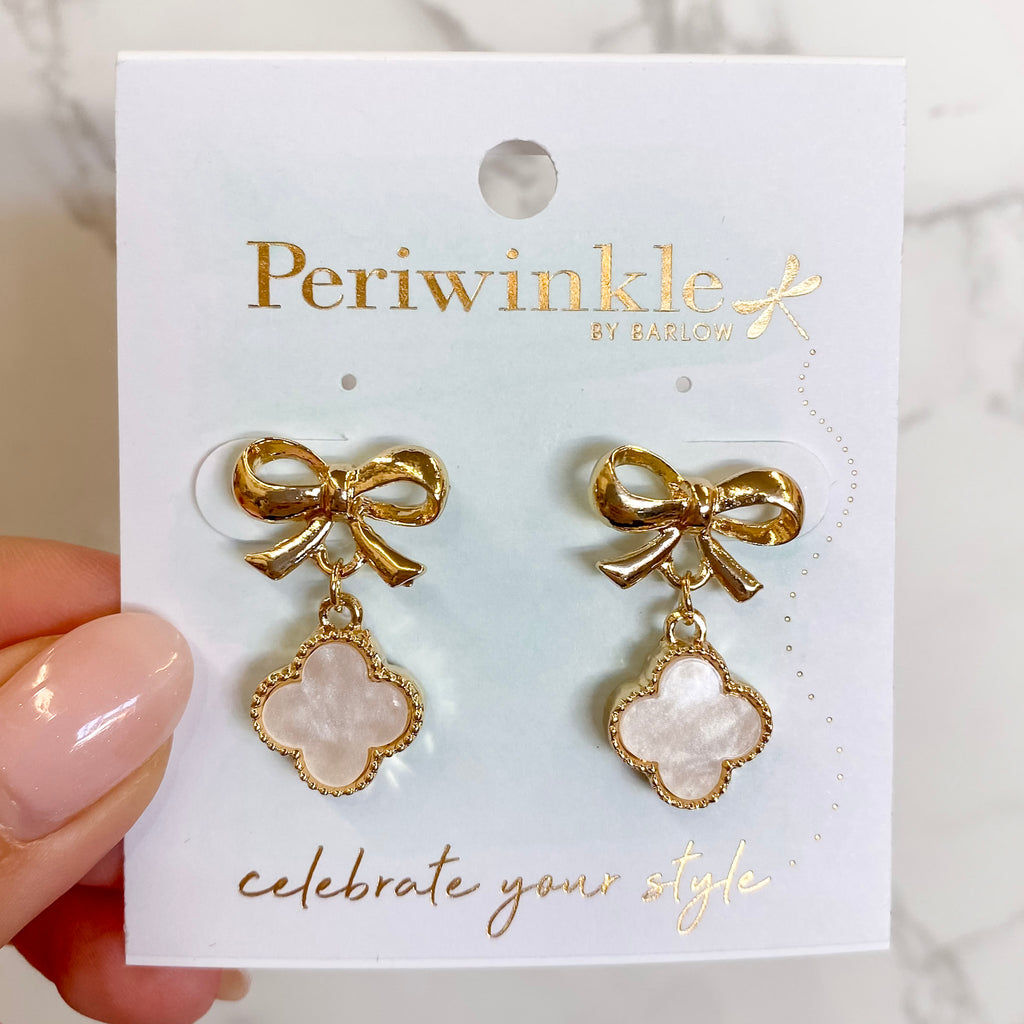Gold Bow and White Clover Earrings - Lyla's: Clothing, Decor & More - Plano Boutique