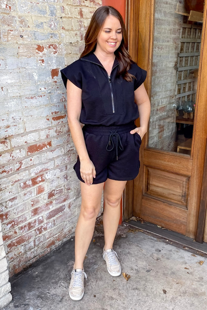 On the Go Black Romper - Lyla's: Clothing, Decor & More - Plano Boutique