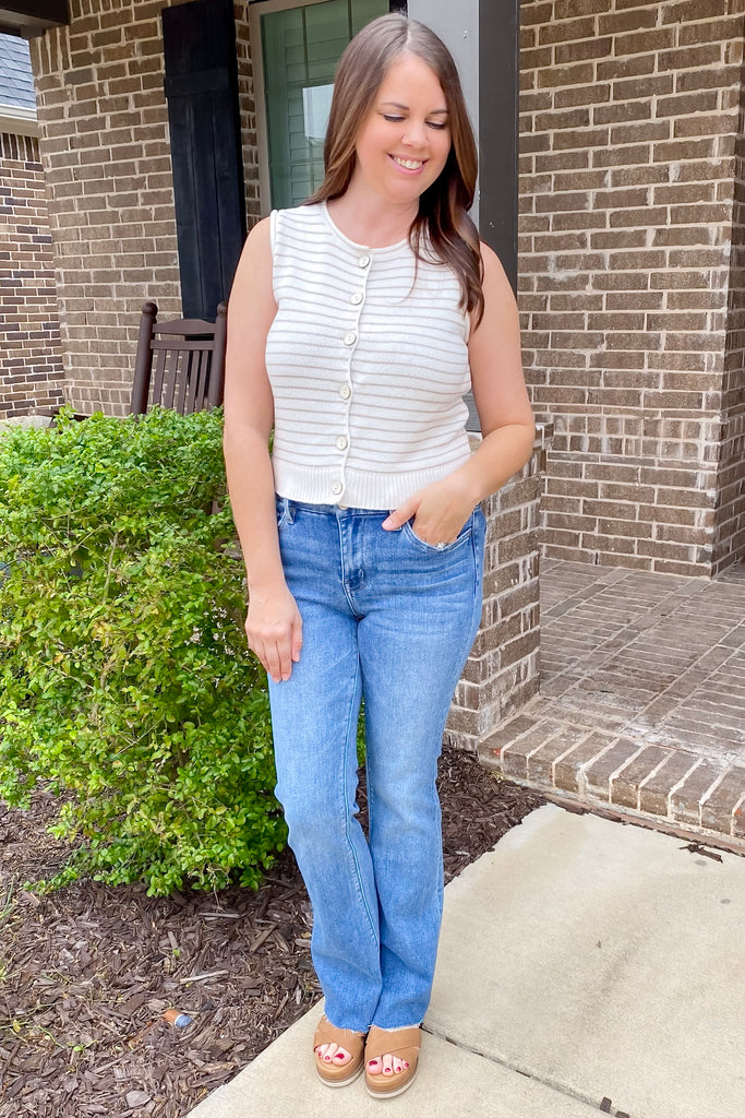 Now I Can Striped Button Top Light Khaki Top - Lyla's: Clothing, Decor & More - Plano Boutique