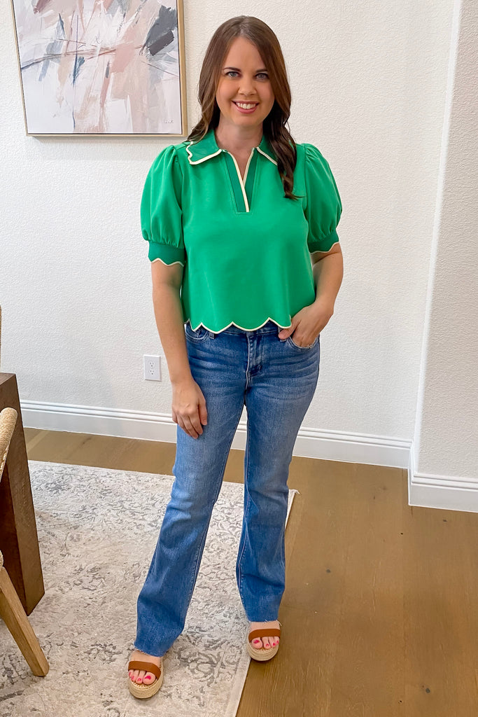 Happy Days Scalloped Green Top - Lyla's: Clothing, Decor & More - Plano Boutique