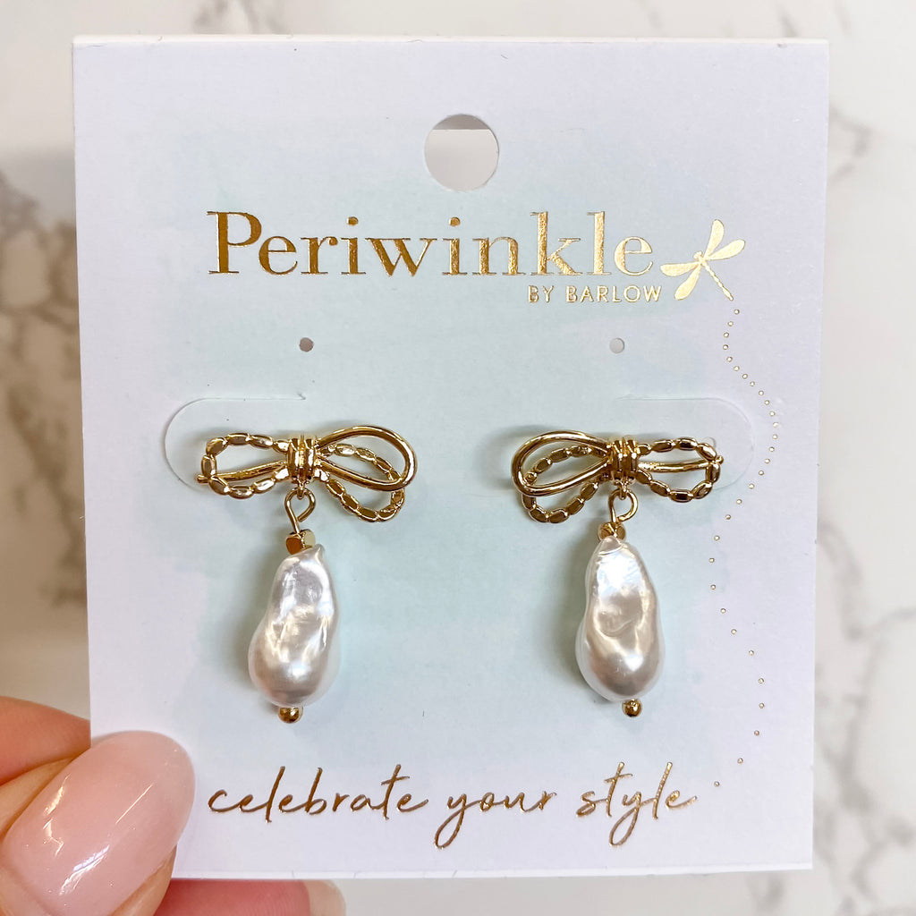 Gold Bow with Pearl Drop Earrings - Lyla's: Clothing, Decor & More - Plano Boutique