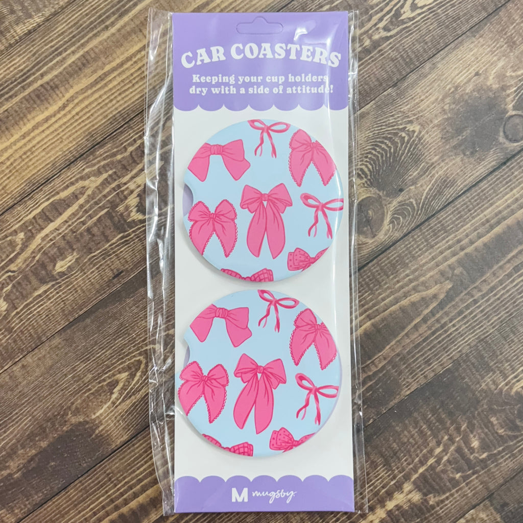 Pink Bows Blue Background Car Coasters - Lyla's: Clothing, Decor & More - Plano Boutique