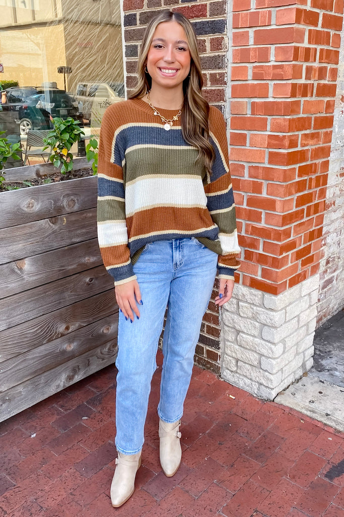 Dreamy Eathtones Olive and Camel Striped Sweater - Lyla's: Clothing, Decor & More - Plano Boutique