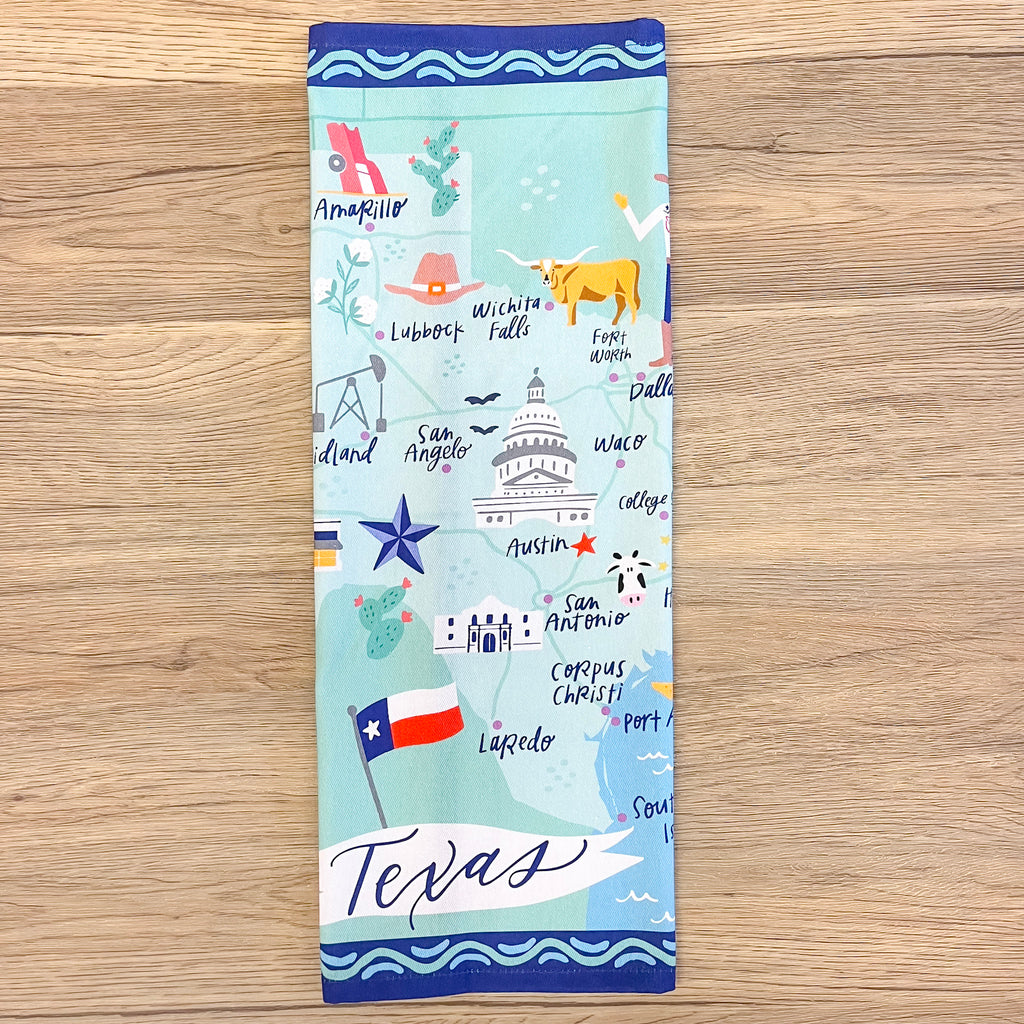 Texas Print Blue Tea Towel - Lyla's: Clothing, Decor & More - Plano Boutique