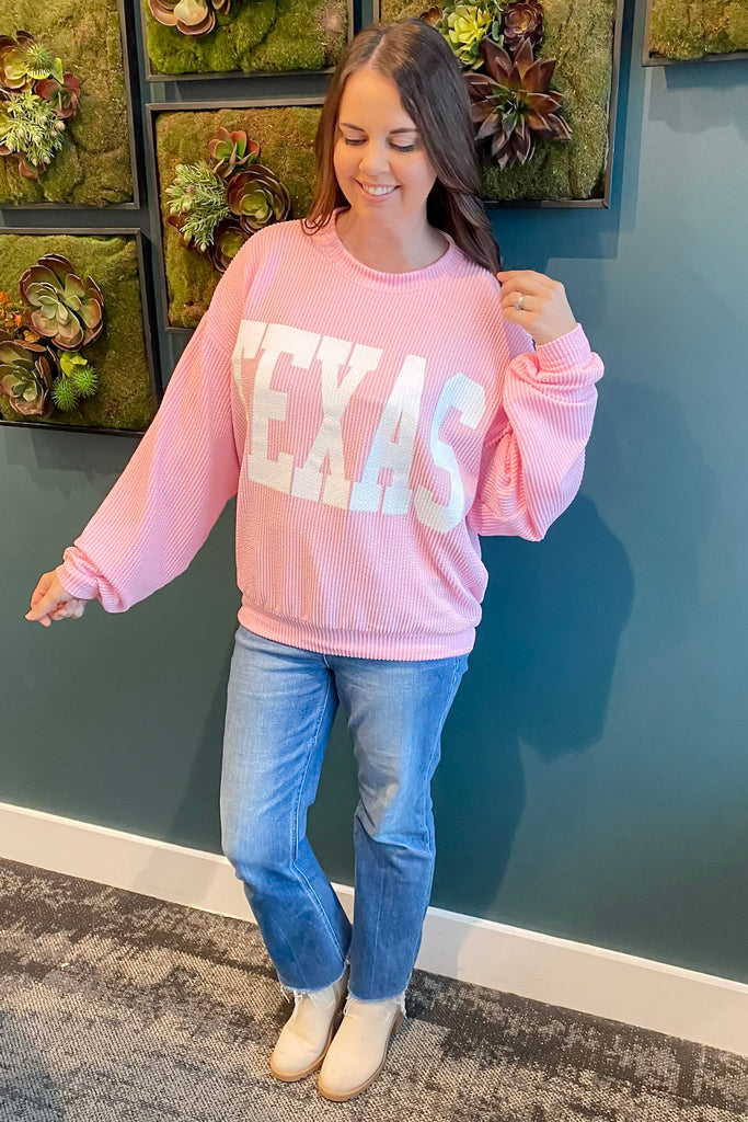 Texas Corduroy Graphic Pink Sweater - Lyla's: Clothing, Decor & More - Plano Boutique