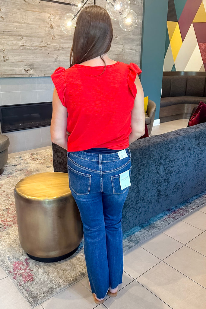 Dark Denim High Rise Raw Hem Kick Flare By Lovervet - Lyla's: Clothing, Decor & More - Plano Boutique