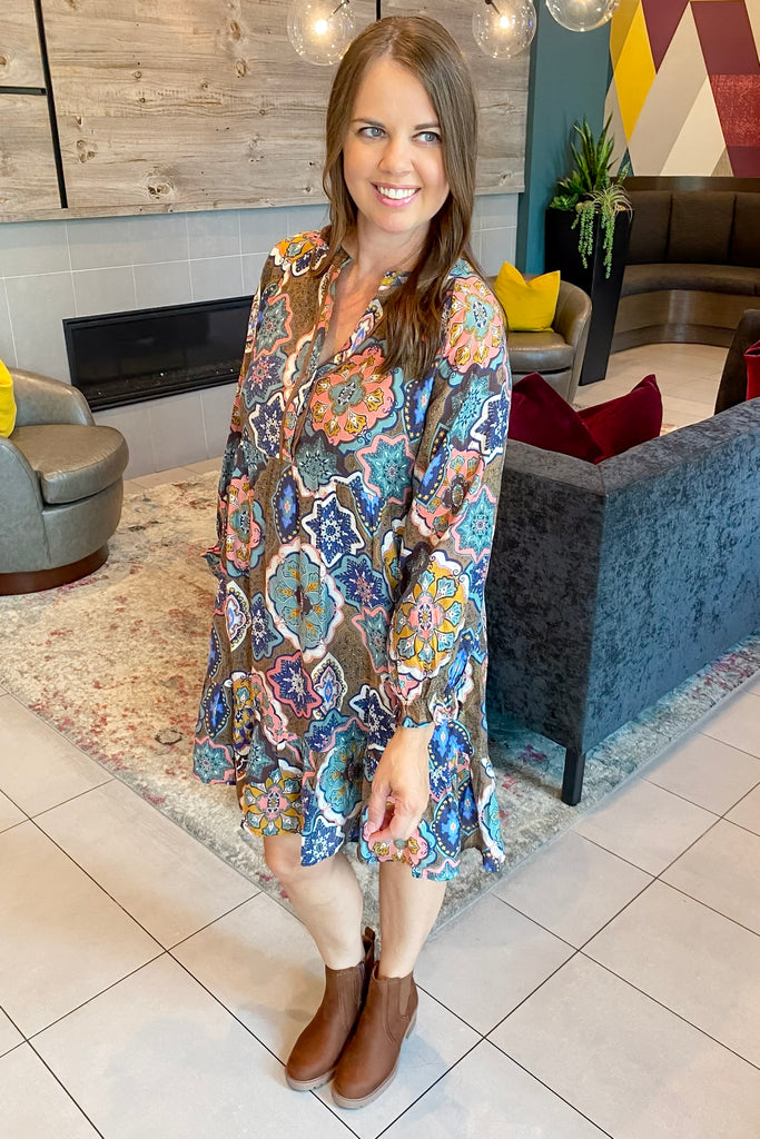 Forward Thinking Mosaic Abstract Print Brown Dress - Lyla's: Clothing, Decor & More - Plano Boutique
