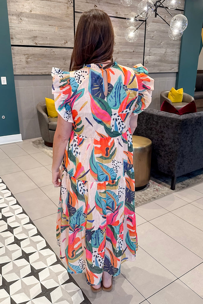 Twist into the Tropics Tiered Taupe Print Midi Dress - Lyla's: Clothing, Decor & More - Plano Boutique