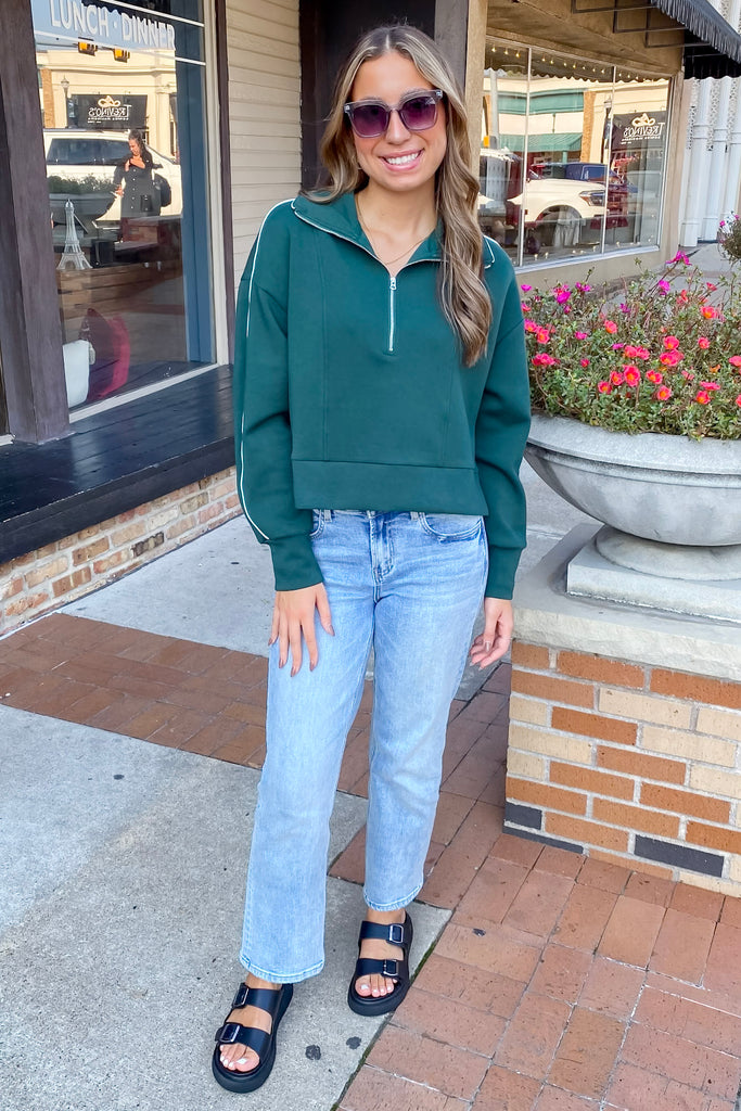 Moody Day Piping Detail Hunter Green Sweater - Lyla's: Clothing, Decor & More - Plano Boutique