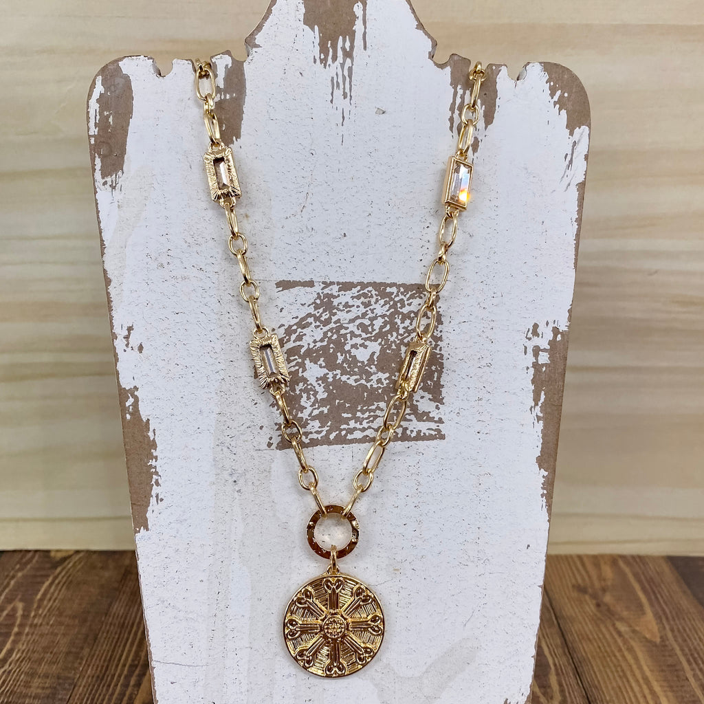 Gold Rectangle Crystal Chain And Gold Hammered Coin - Lyla's: Clothing, Decor & More - Plano Boutique