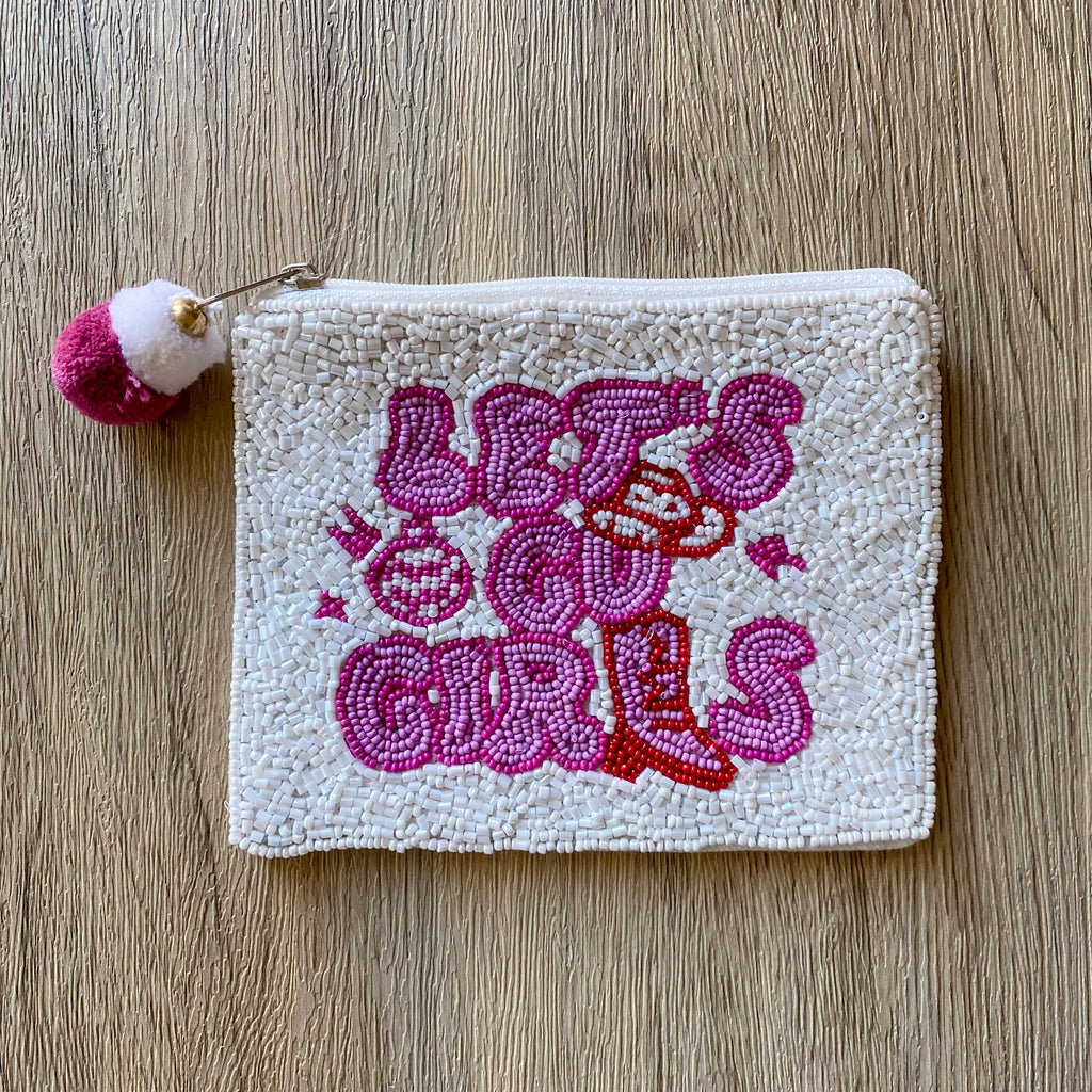 Let's Go Girls White and Pink Beaded Pouch - Lyla's: Clothing, Decor & More - Plano Boutique