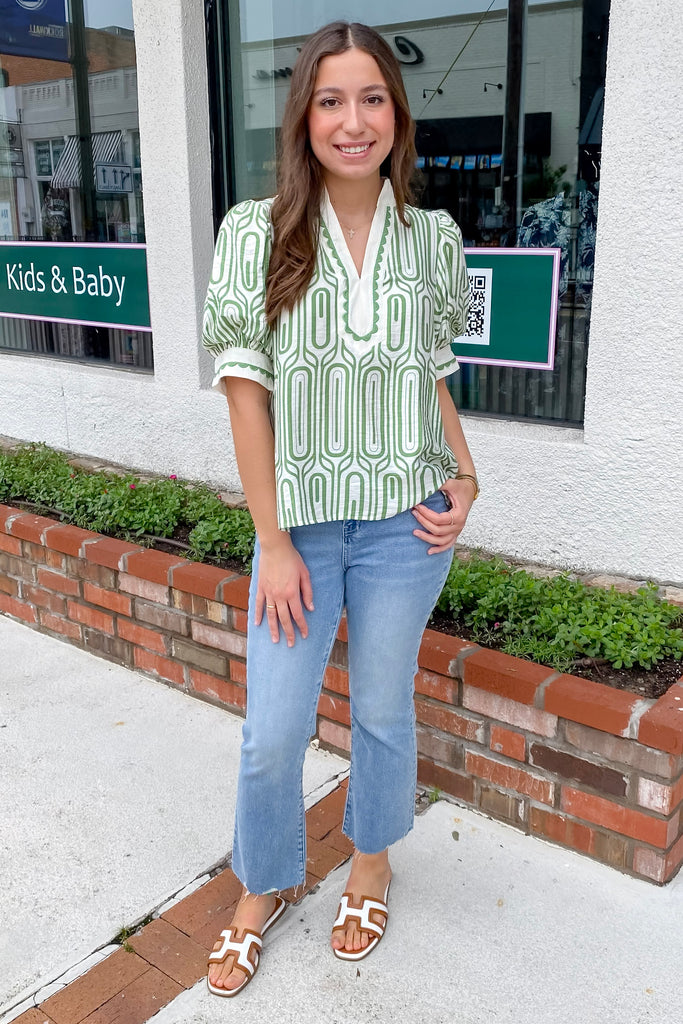 Adventure Awaits Olive Geo Print Top - Lyla's: Clothing, Decor & More - Plano Boutique