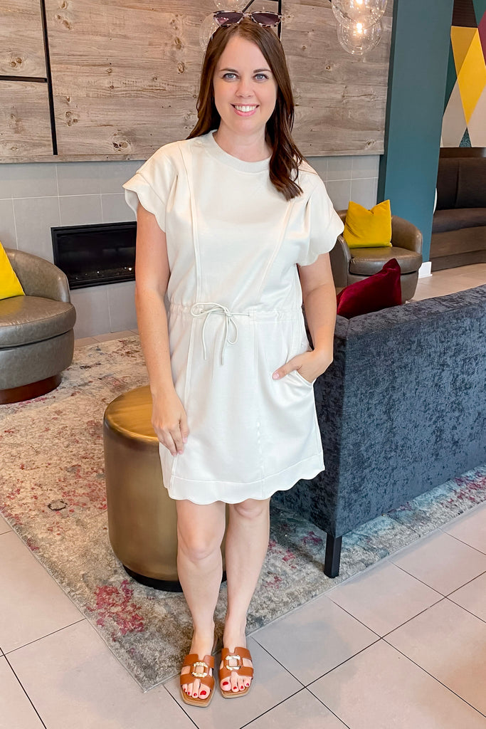 Off to Shop Scallop Trim Cream Dress - Lyla's: Clothing, Decor & More - Plano Boutique