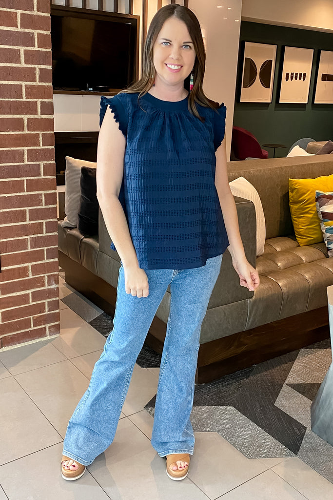 Navy Rib Band Detailed Textured Top - Lyla's: Clothing, Decor & More - Plano Boutique