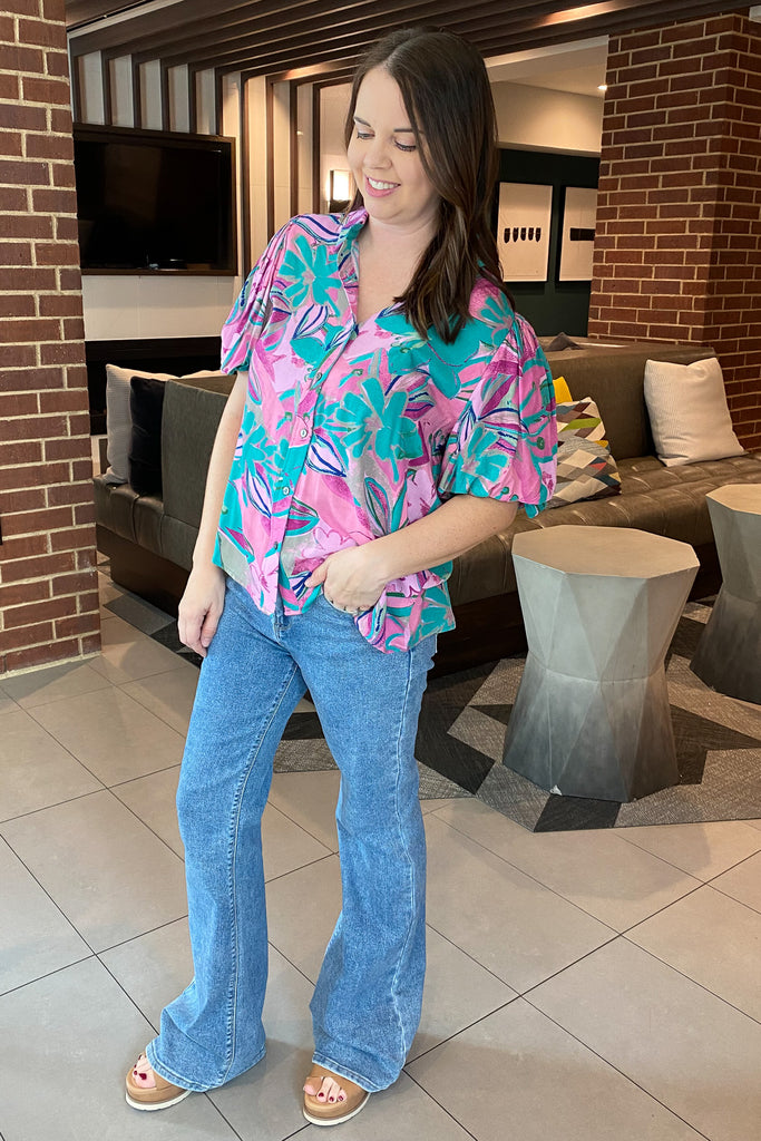 Pink and Green Floral Print Button Up Top - Lyla's: Clothing, Decor & More - Plano Boutique