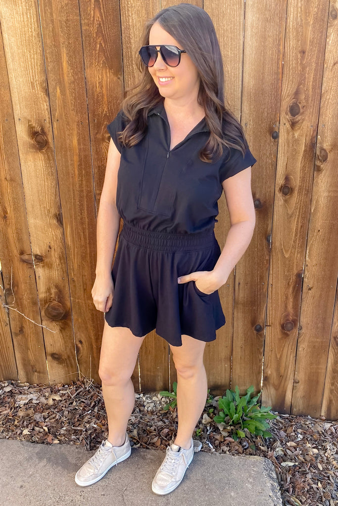 Athleisure Black Collar Active Romper - Lyla's: Clothing, Decor & More - Plano Boutique