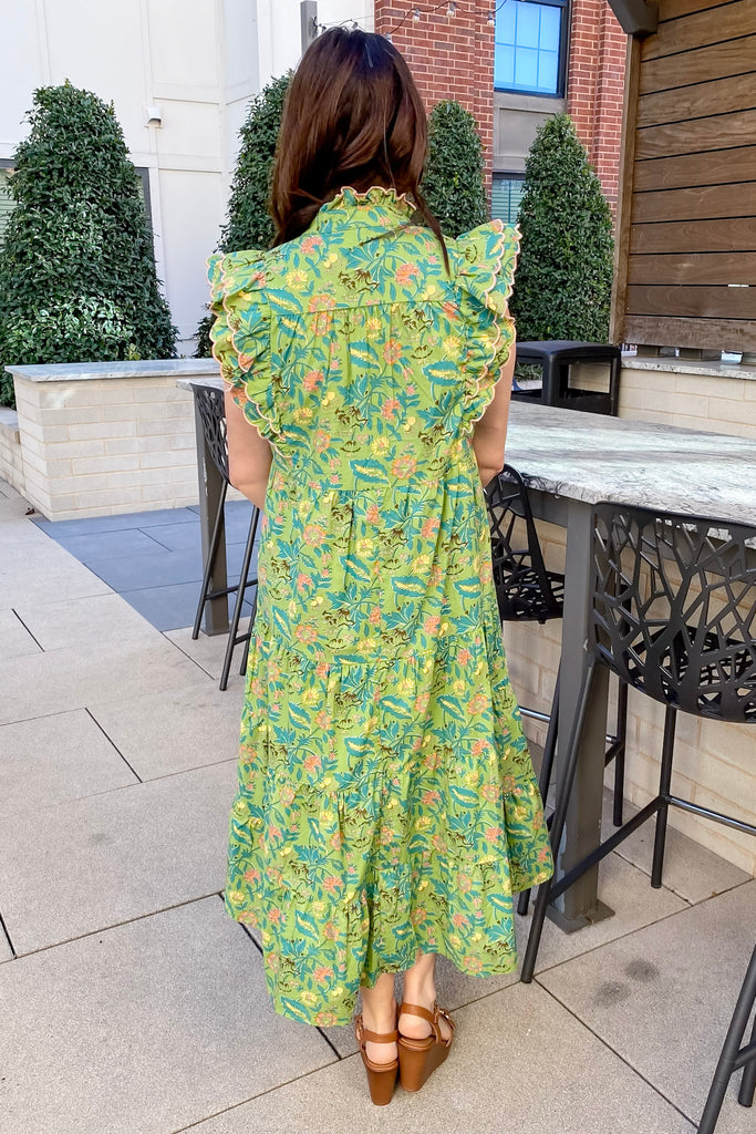 Rosewood Bloom Ruffle Sage Midi Dress - Lyla's: Clothing, Decor & More - Plano Boutique