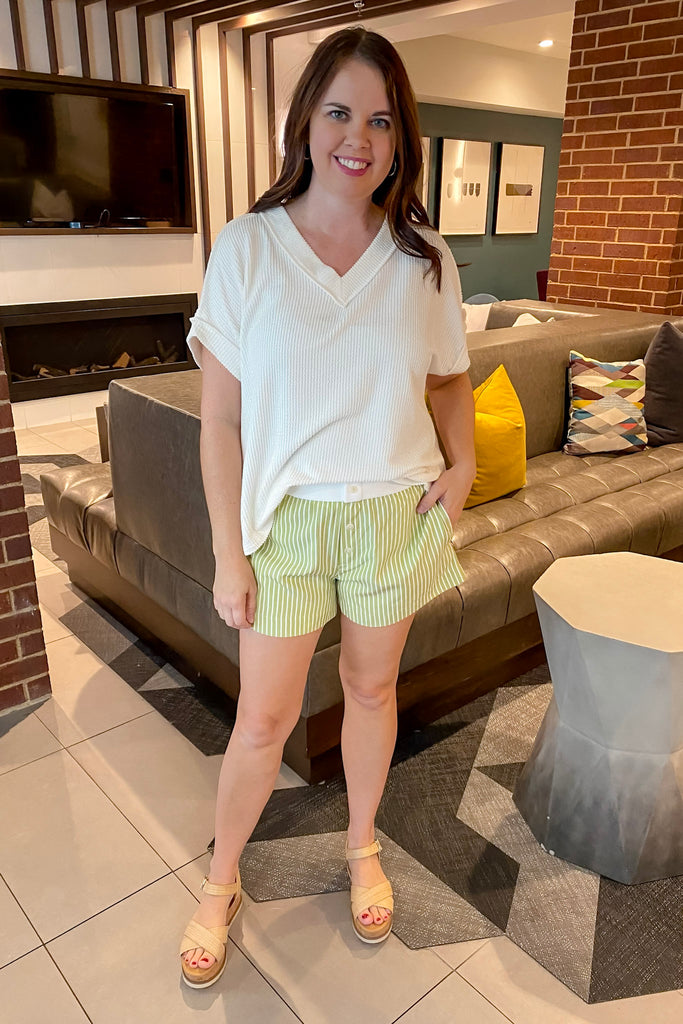 Spill The Green Tea Striped Shorts - Lyla's: Clothing, Decor & More - Plano Boutique