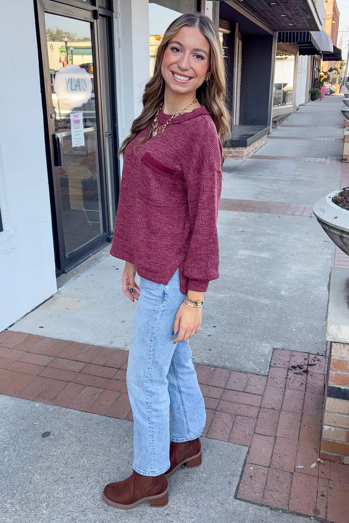 Right By You Burgundy Pocket Sweater - Lyla's: Clothing, Decor & More - Plano Boutique