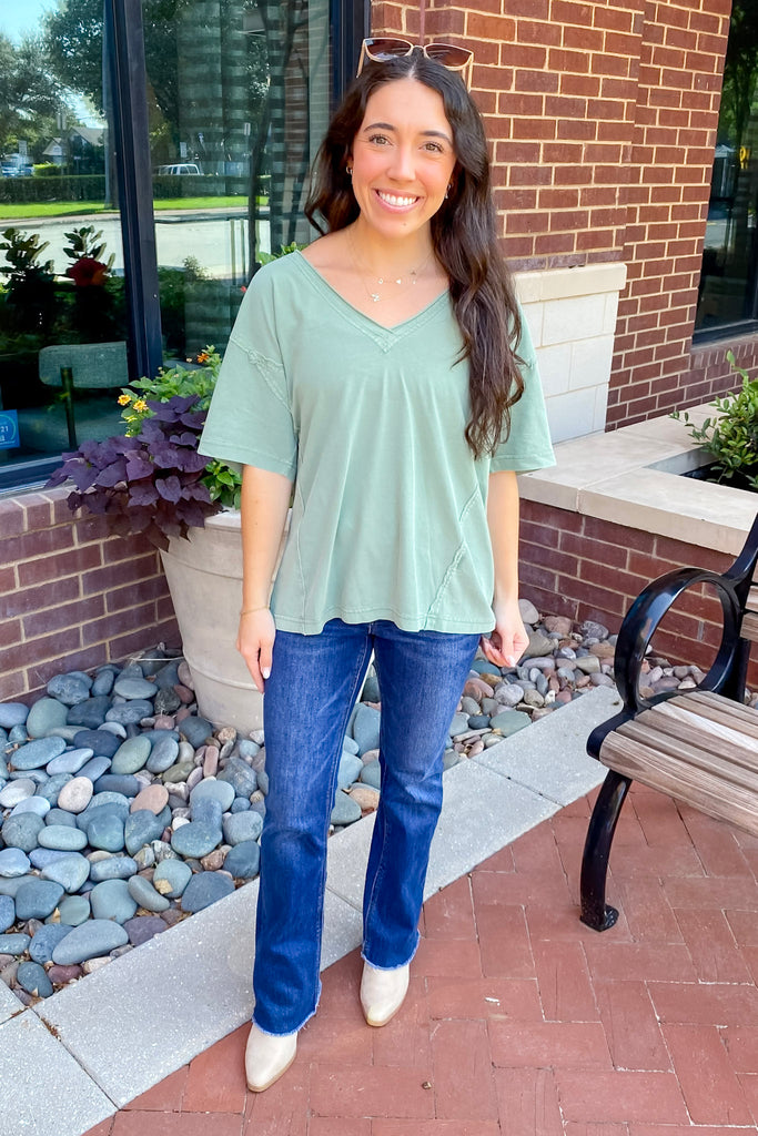 Last Chance Raw Edge Olive Sage Top - Lyla's: Clothing, Decor & More - Plano Boutique