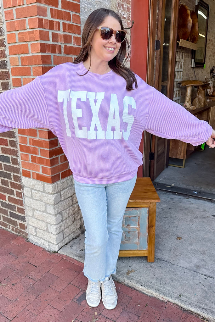 Texas Corduroy Graphic Lilac Sweater - Lyla's: Clothing, Decor & More - Plano Boutique