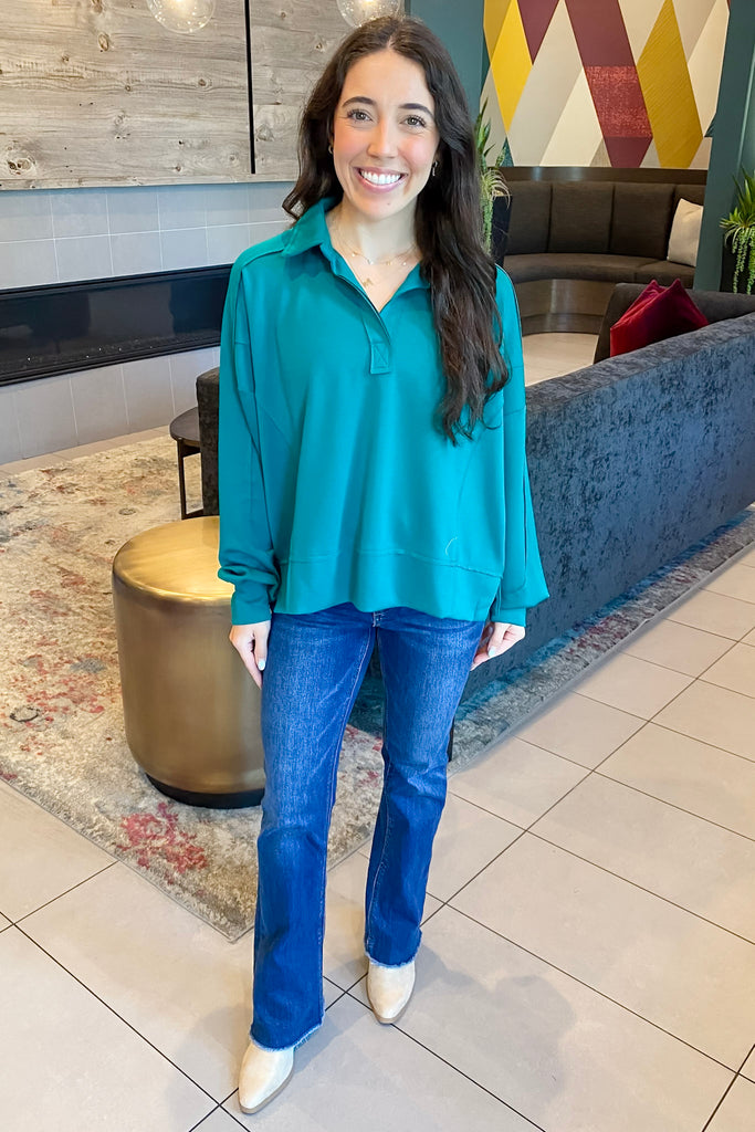 I See You Longsleeve Collar Teal Lagoon Top - Lyla's: Clothing, Decor & More - Plano Boutique