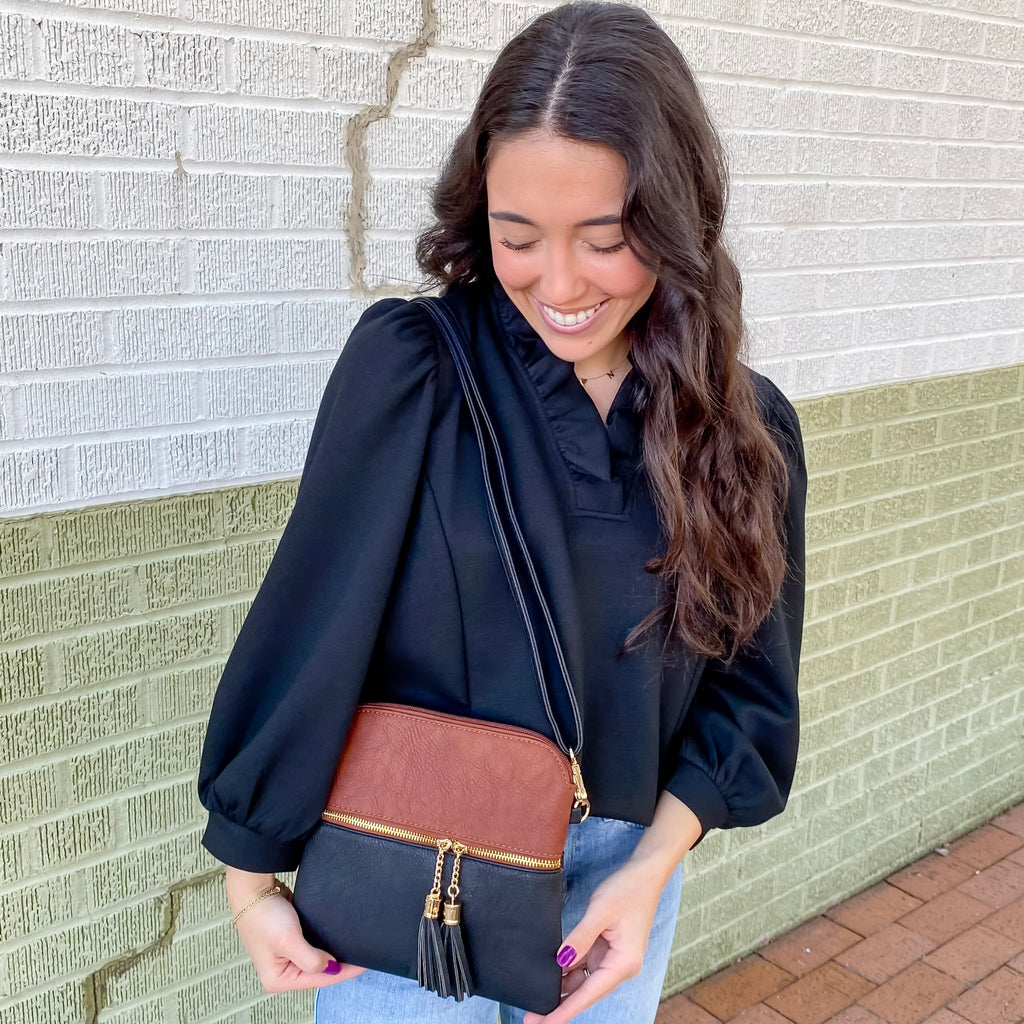 Jen & Co Tara Dual Zip Vegan Crossbody - Black Brown - Lyla's: Clothing, Decor & More - Plano Boutique