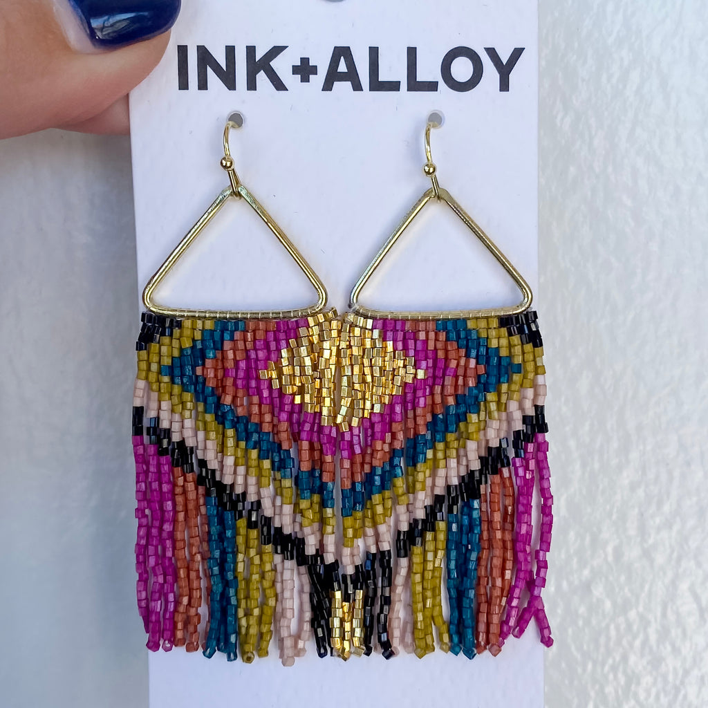 Paige Ascending Blocks Beaded Fringe Earrings in Muted by Ink & Alloy - Lyla's: Clothing, Decor & More - Plano Boutique