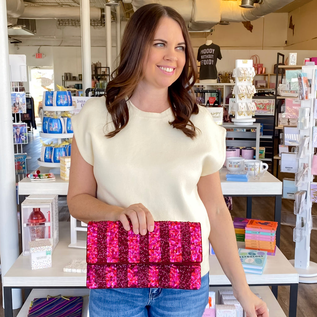 Deep Red Striped Beaded Crossbody - Lyla's: Clothing, Decor & More - Plano Boutique