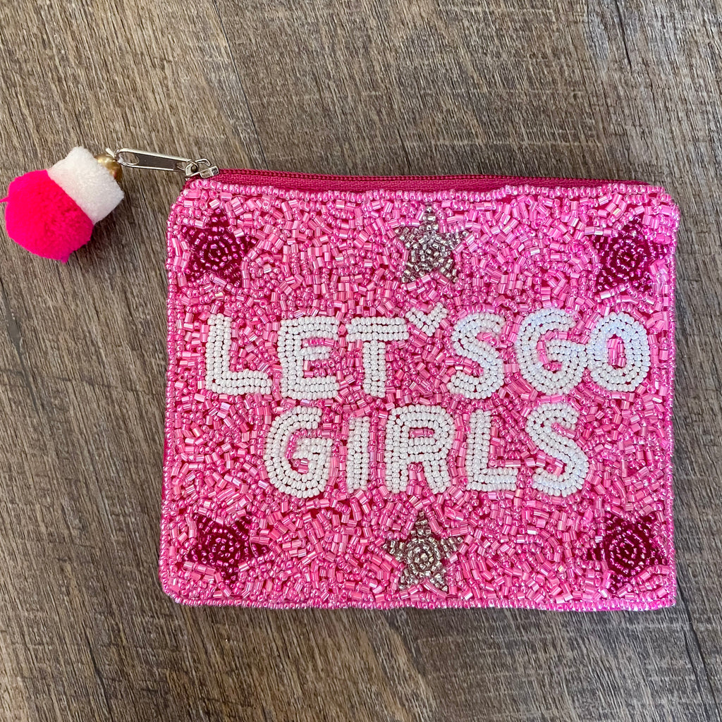 Pink Let's Go Girls Beaded Pouch - Lyla's: Clothing, Decor & More - Plano Boutique