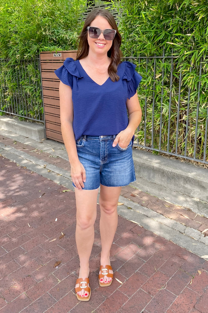 Time To Go Ruffle Sleeve Navy Top - Lyla's: Clothing, Decor & More - Plano Boutique