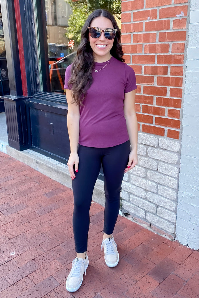 Athleisure Essential Short Sleeve Micro Ribbed Dark Plum Top - Lyla's: Clothing, Decor & More - Plano Boutique