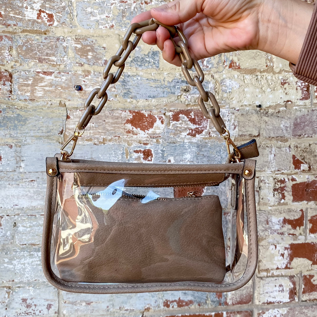 Jen & Co Jessica Vegan Clear Crossbody in Taupe - Lyla's: Clothing, Decor & More - Plano Boutique