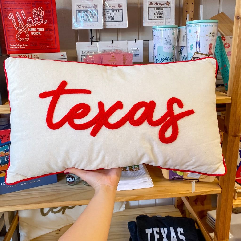 Texas Embroidered Red Outline Pillow - Lyla's: Clothing, Decor & More - Plano Boutique