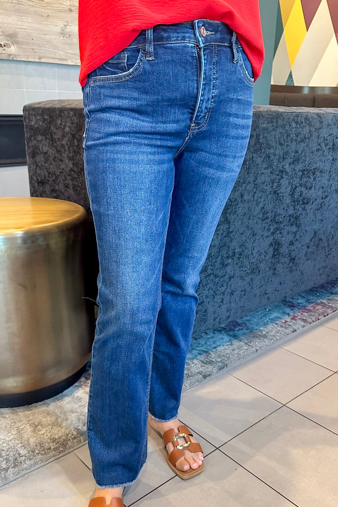 Dark Denim High Rise Raw Hem Kick Flare By Lovervet - Lyla's: Clothing, Decor & More - Plano Boutique