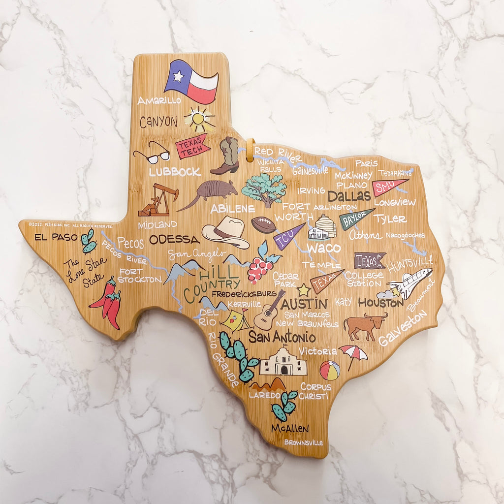 Texas State Shaped Cutting and Serving Board with Artwork by Fish Kiss - Lyla's: Clothing, Decor & More - Plano Boutique