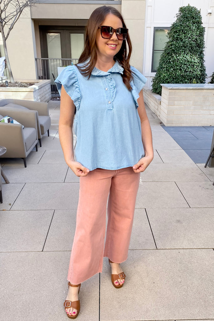 All You Need Ruffle Denim Top - Lyla's: Clothing, Decor & More - Plano Boutique